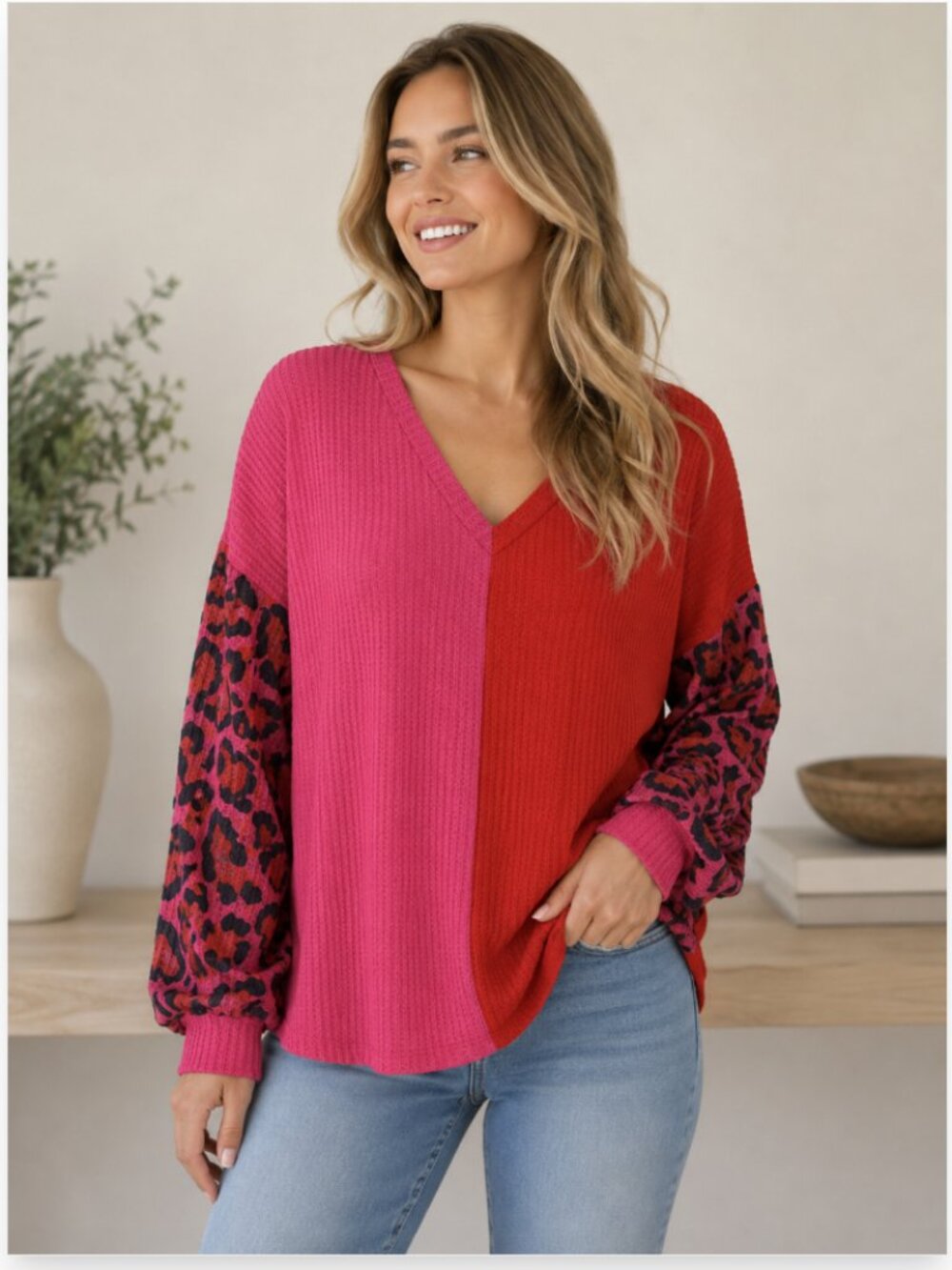 Grace + Emma Colorblock V-Neck Waffle Knit animal print hot pink red top size M